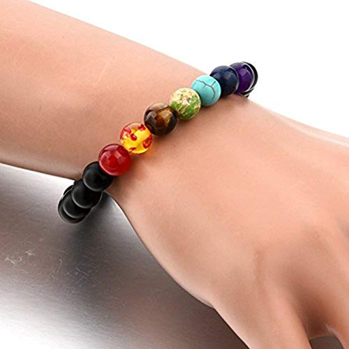 Shining Diva Fashion Spiritual 8mm Lava Rock Beads with 7 Chakra Evil Eye Stylish Unisex Bracelet