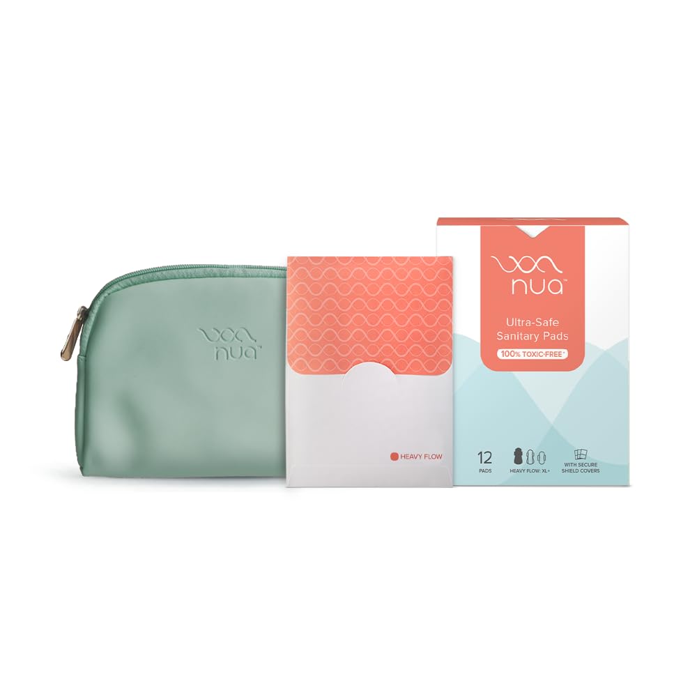 Nua Combo - 12 Ultra Safe Pads with Disposable Covers | upto 100% Leak Protection | Suitable for Heavy Flow | Wider back | Comfortable | Rash Free + Vegan Leather Pouch