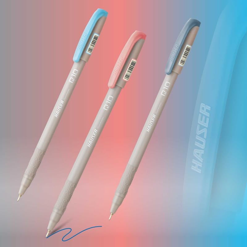 Hauser Q10 Ball Pen Pack | Trendy Durable Plastic Clip | Comfortable Rubber Grip For Smudge Free Writing | Attractive Solid Grey Body | Low-Viscosity Ink | Blue Ink, Set Of 10 x 4 Pack