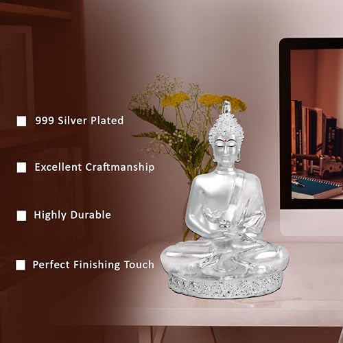 DIVINITI Buddha Idol for Home Decor Showpiece 999 Silver Plated Statue of Buddha Meditation Ji Murti for Puja Room, Festival Gift Lord Figurine Peace & Positivity (8 X 6 CM)