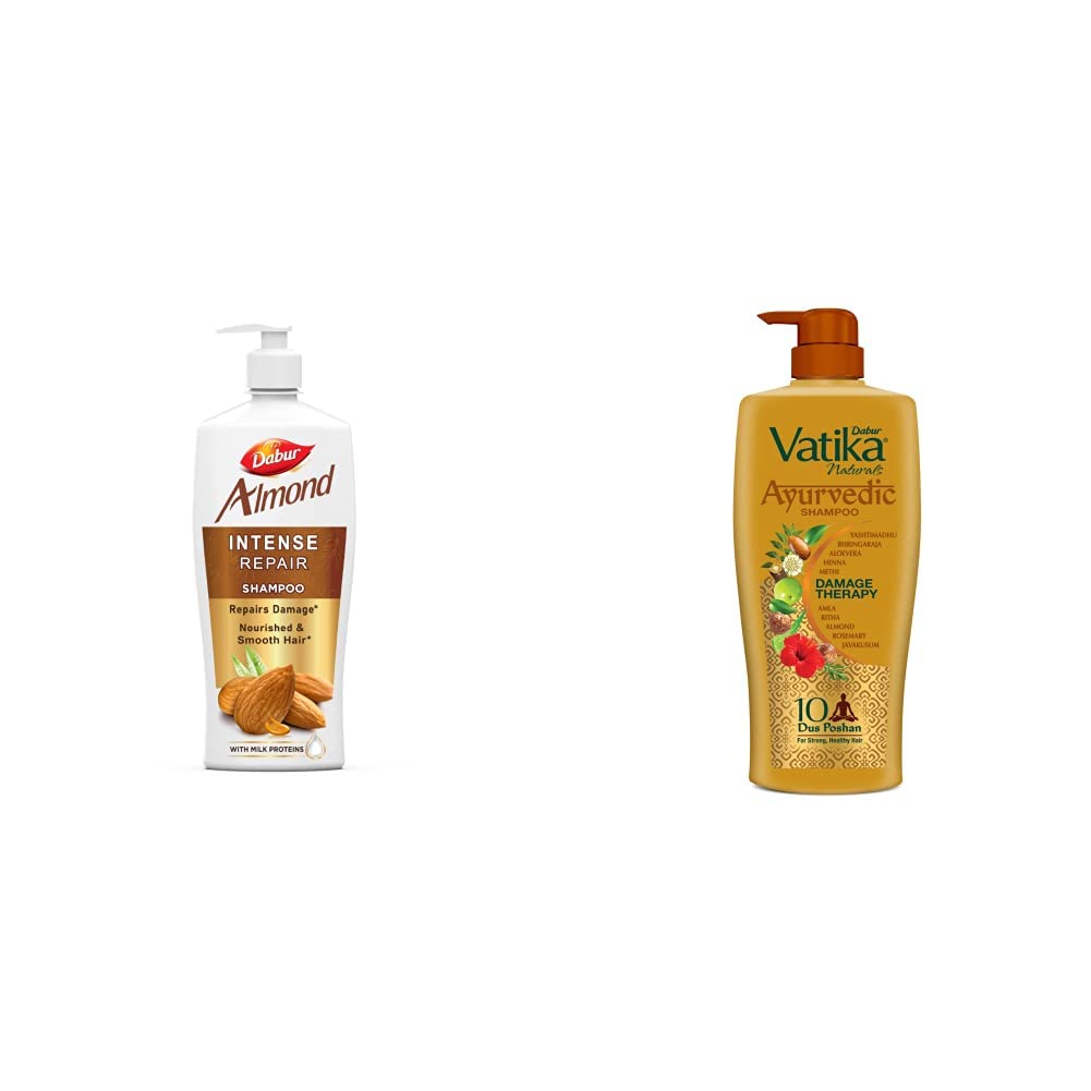 Dabur Almond Shampoo - With Almond-Vita Complex & Milk Extracts for Dull, Dry and Weak Hair - 650 ml & DABUR Vatika Ayurvedic Shampoo, 640ml : Power of Dus Poshan for 10 Hair Problems