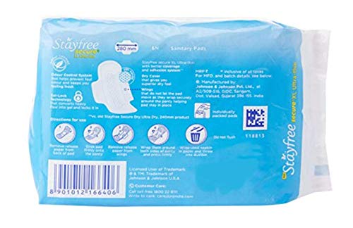Stayfree Secure XL Ultra Thin Sanitary napkins with Wings, 6 Count [Pack of 3]