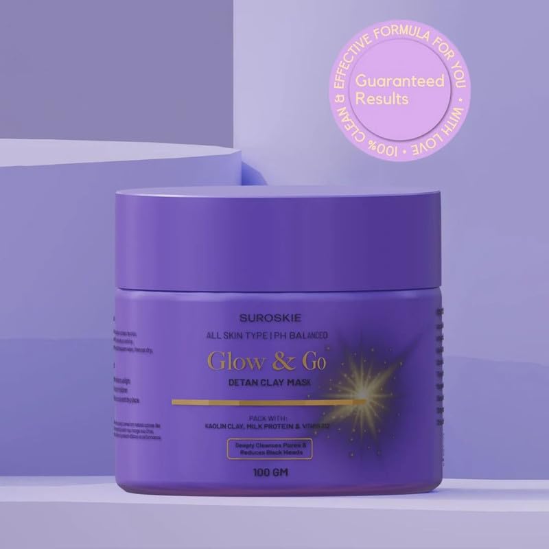 Suroskie Glow & Go De-Tan Face Clay Mask 100 Gm | With Kaolin Clay & Kojic Extract | Face Pack For Glowing & Brightening Skin | For Blackheads, Whiteheads & Dark Spots | All Skin Types | Women & Men