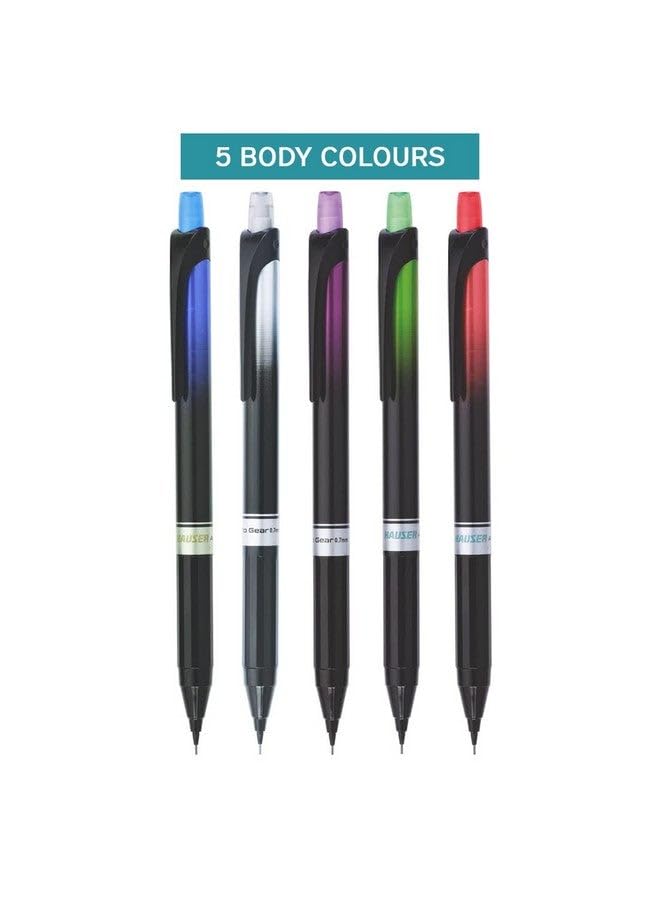 Hauser Auto Gear 0.7mm Mechanical Pencil - Pack of 4 | Click Once & Keep Writing | Extra Dark & Breakage Resistant 2B Lead | Eraser At The Top For Quick-Erasing | 10 FREE 2B Leads With Each Pack