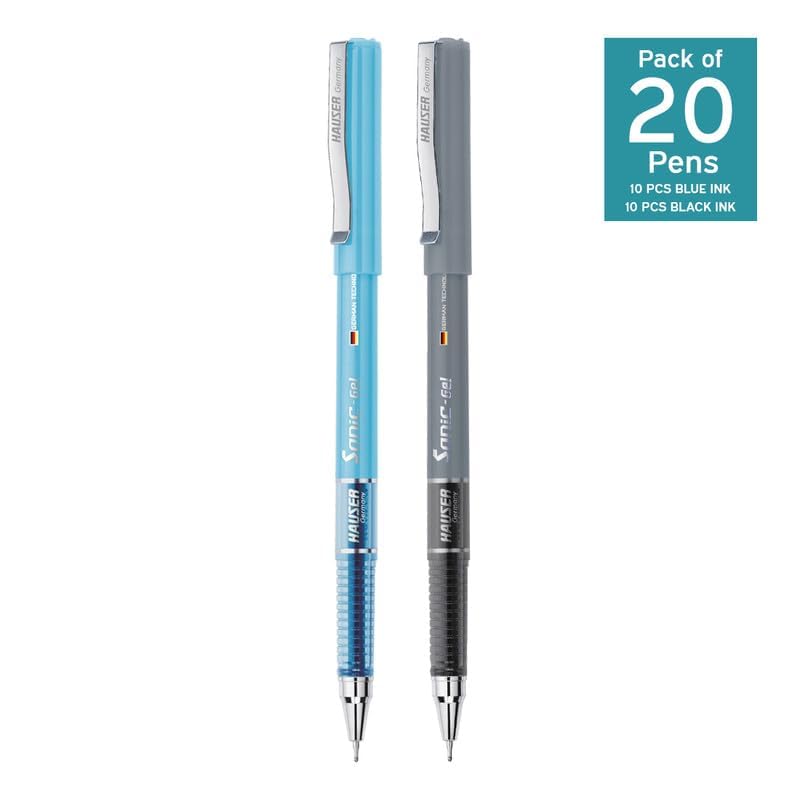 Hauser Sonic 0.55 mm Gel Pen Combo Pack | Comfortable Grip With Smudge Free Writing | 10 Pcs Blue Ink & 10 Pcs Black Ink