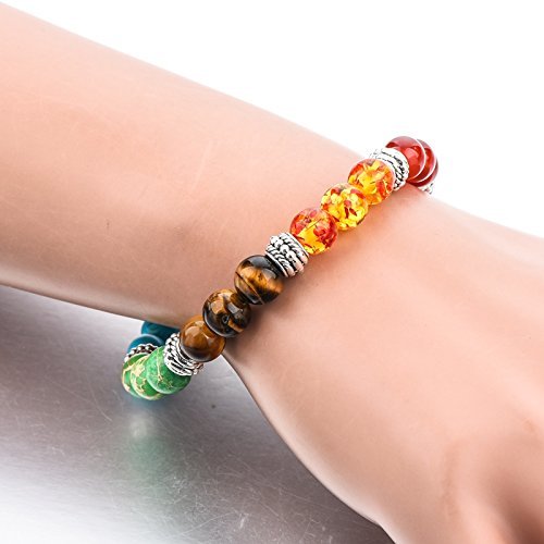 Shining Diva Fashion Spiritual 8mm Lava Rock Beads with 7 Chakra Evil Eye Stylish Unisex Bracelet