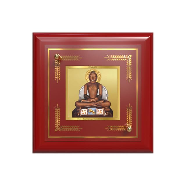DIVINITI Intima Pure 24K Gold Plated Lord Mahavira Jain Sacred Frame – Luxury Home, Office & Prayer Décor | Premium Gold Foil Artwork in MDF Frame | Table Top Display (16 X 13.5 CM)