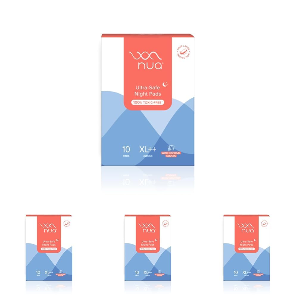 Nua Ultra-Safe Night Pads | Twin Layer Protection | Ultra-Absorbent | 50% Wider Back | Safe on Skin | Safe Disposal (Pack of 4)