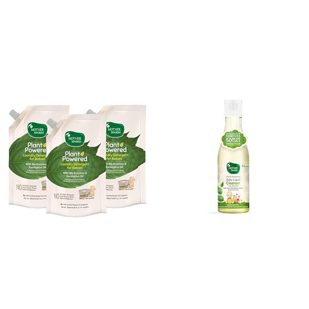 Mother Sparsh Plant Powered Baby Liquid Detergent Refill Pack 3X500ml With Natural Baby Liquid Bottle Cleanser 175ml