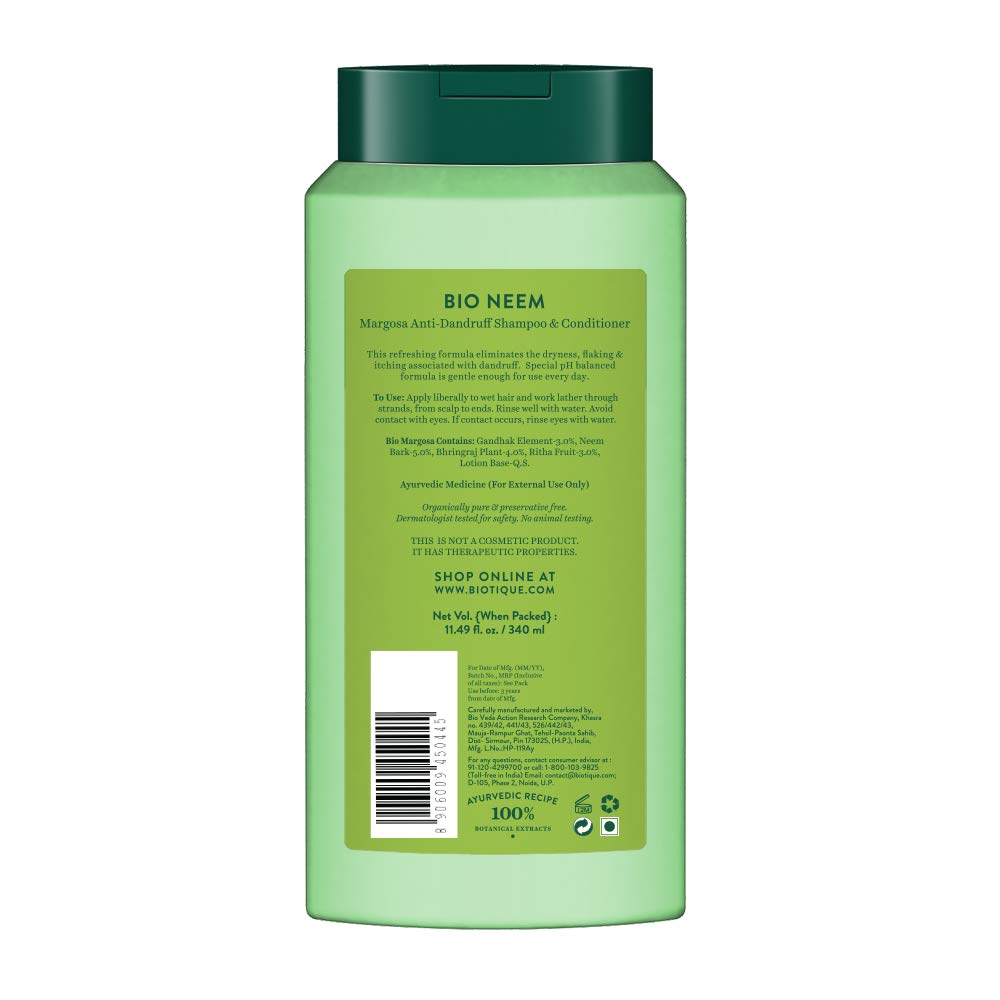 Biotique Fresh Neem Anti Dandruff Shampoo and Conditioner | Controls Dandruff | Eliminates Dryness, Flaking, and Itching | Hair Looks Fresh and Lustrous |Suitable for All Skin Types | 340ml