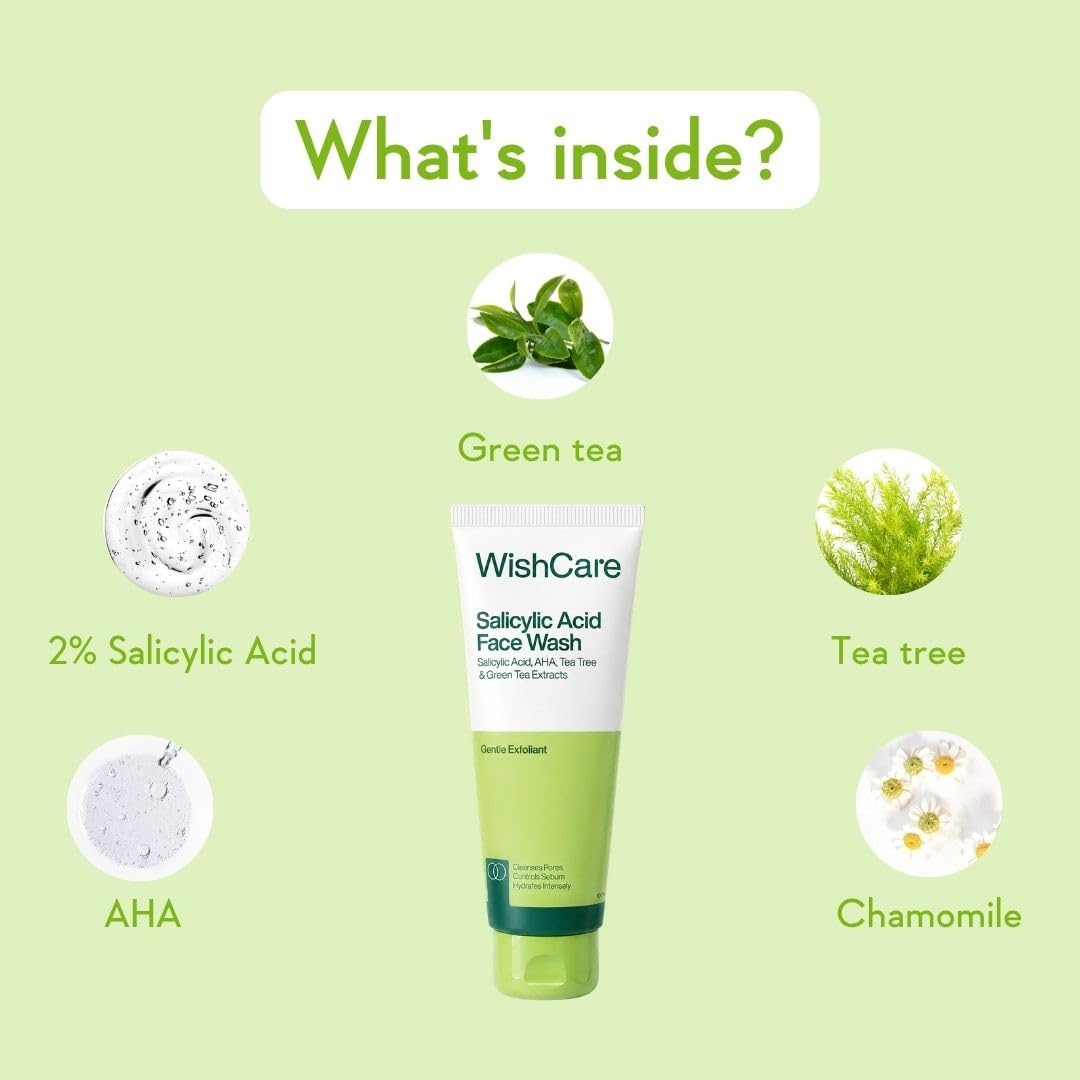 WishCare Salicylic Acid Face Wash For Women & Men | Reduces Acne & Controls Oil | With AHA, Green Tea, Chamomile & Tea Tree | Salicylic Acid Face Wash For Oily Skin & Acne Prone Skin | 100ml
