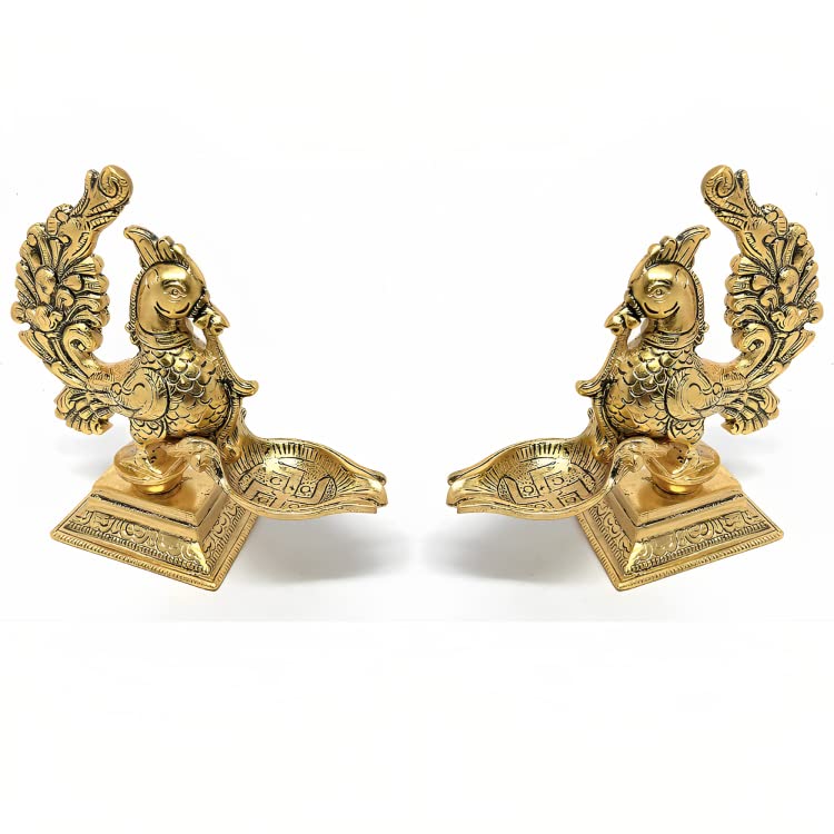 KridayKraft annapakshi deepam Set of 2 pca Metal Handmade with Curved Oil Lamp Antique Peacock Deepak for Home Decor Temple Puja Office Counter Diwali Decoration Festival Gift (Light)
