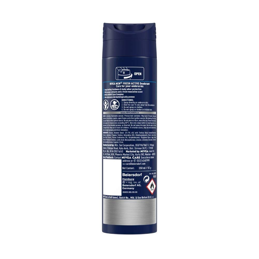 NIVEA Fresh Active Spray Deodorant For Men , 2 Count