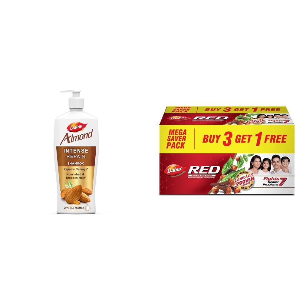 Dabur Almond Shampoo - With Almond-Vita Complex & Milk Extracts for Dull, Dry and Weak Hair - 650 ml & Dabur Red 800g (200g x 4, Pack of 4) Toothpaste