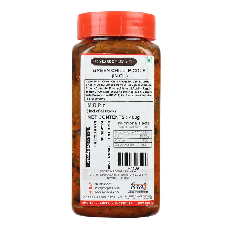 ROOPAK'S PIK-N-PAY Green Chilli Pickle Handmade with Love | Traditional Recipe|Green Chilli Ka Achar- No Artificial Colour & Flavour (400 g)