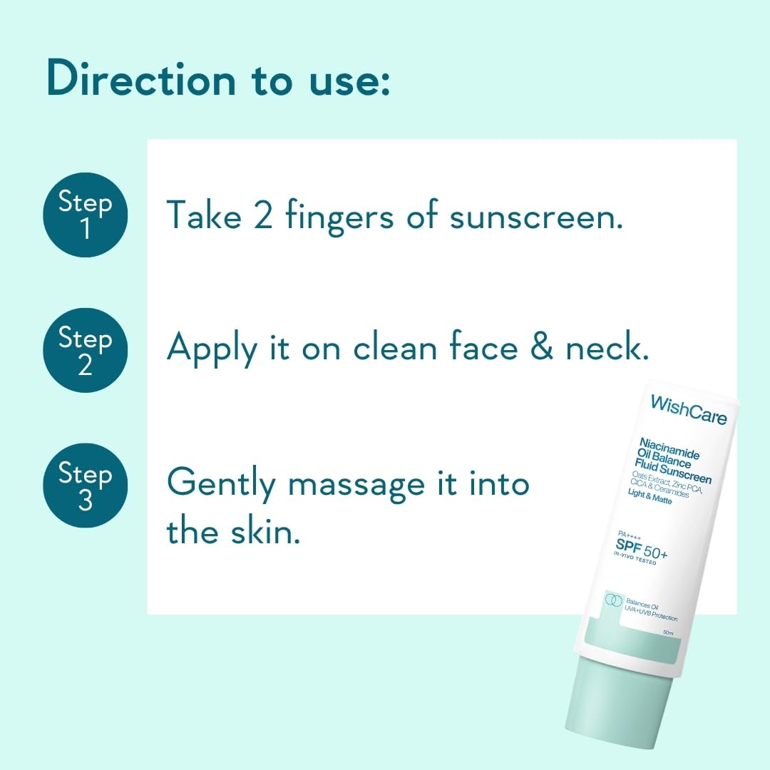 WishCare Niacinamide Oil Balance Fluid Sunscreen SPF 50 PA++++ In-Vivo Tested | 8Hrs+ SPF Protection | Lightweight, Matte & No White Cast | Photostable Sunscreen SPF50 For Oily Skin, Sensitive, Dry & Combination Skin | For Women & Men | 50 ml