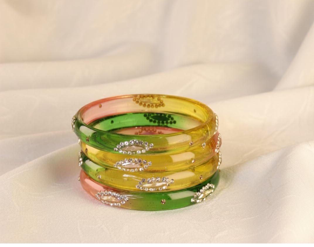 NMII Transparent Glass Bangles Kada Set For Women & Girls with Sparkling Golden Zircon Diamonds & Beads | Latest Girls Bangles Kangan Chudiyan | Daily, Wedding, Party, Office Jewellery