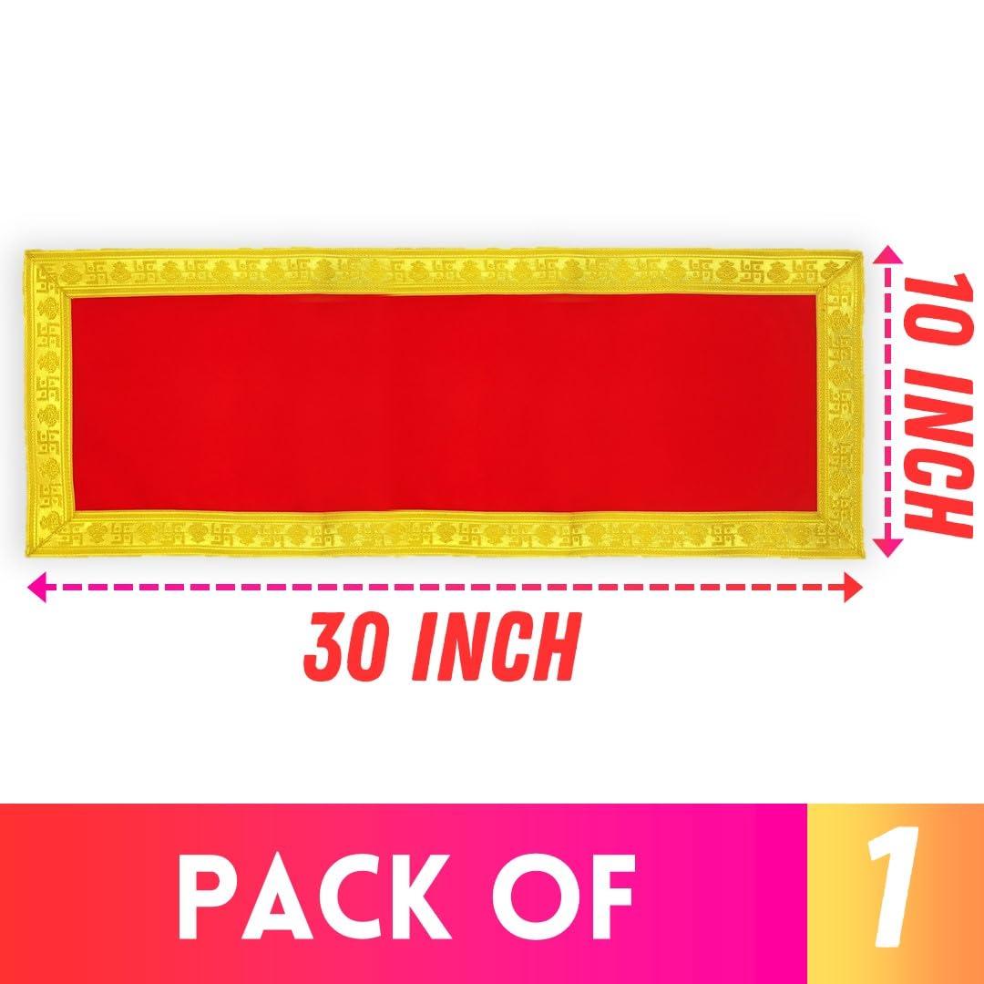 Bhakti Lehar Red Velvet Pooja Cloth | Aasan for God Idol Sitting, Mandir Shelf, Puja Chowki Table and Home Temple Decoration - Pack of 1 (10 x 30 Inch)