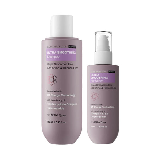 Bare Anatomy Ultra Smoothing Shampoo & Hair Serum Combo for Dry & Frizzy Hair | Carbohydrate Complex & Niacinamide | SLS & Paraben Free | Vegan | 250ml + 100ml