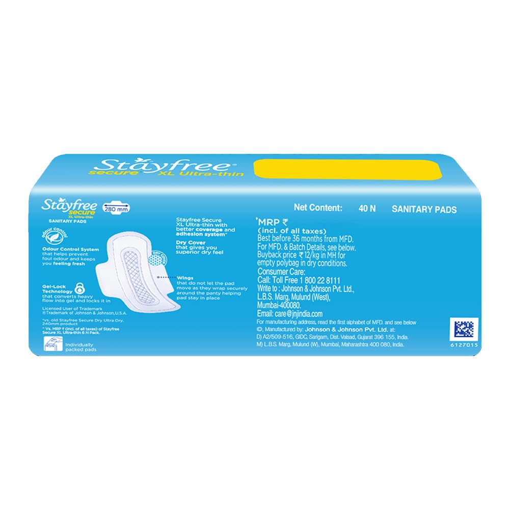 Stayfree Secure XL Ultra Thin Sanitary Pads For Women | Dry Cover | 40 Pads | Gel Lock Technology | Odour Control System