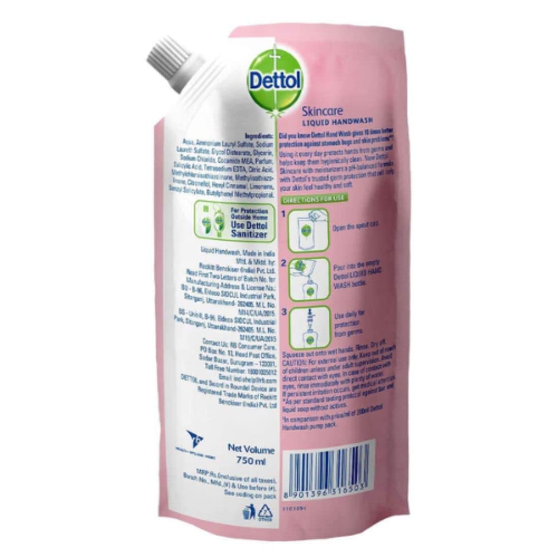 Dettol Germ Protection ph-Balanced Liquid Handwash Refill, Skincare - 750 ml