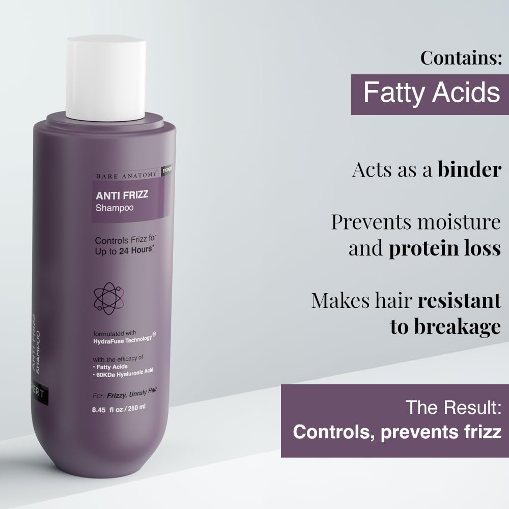 Bare Anatomy Anti Frizz Shampoo, Frizz Control Upto 24 Hours, Powered By Hyaluronic Acid & Fatty Acids, Dry & Frizzy Hair, Smooth, Shiny & Frizz Free Hair For Unisex, 250ml