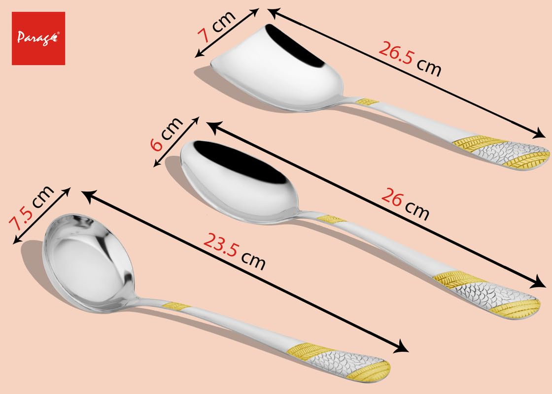 Parage 5 Pieces Stainless Steel Golden Serving Spoon Set for Dining Table/Kitchen, 1.8 mm Heavy Gauge (2 Soup Ladle (Karchi), 2 Solid Spoon (Chamcha), 1 Rice Spoon), 24k Gold (Pack of 5)