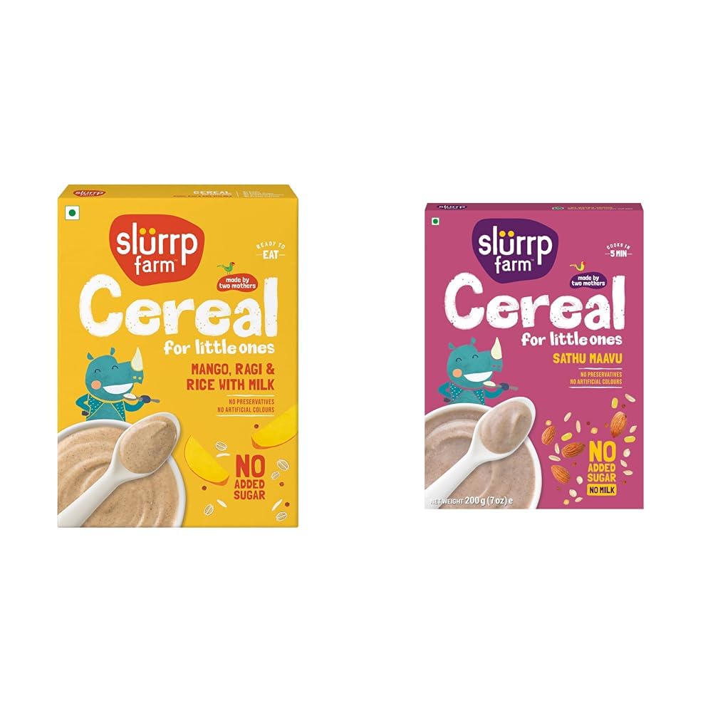 SLURRP FARM No Added Sugar Instant Cereal | Ragi, Rice and Mango with Milk, 200 Grams + Slurrp Farm Sathu Maavu | 100% Natural Multigrain Health Mix with The Goodness of Ragi, Dals & Almon