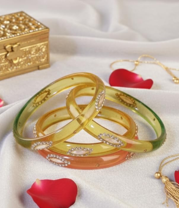 NMII Transparent Glass Bangles Kada Set For Women & Girls with Sparkling Golden Zircon Diamonds & Beads | Latest Girls Bangles Kangan Chudiyan | Daily, Wedding, Party, Office Jewellery