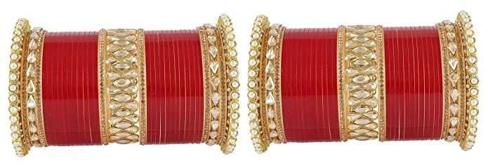 NMII Traditional Gold Plated Acrylic Bangles Bridal Chuda Set For Women & Girls with Zircon Diamond & Pearls Beads Work | Royal Wedding Chudas | Premium Look | Bangles For Wedding, Festive, Function