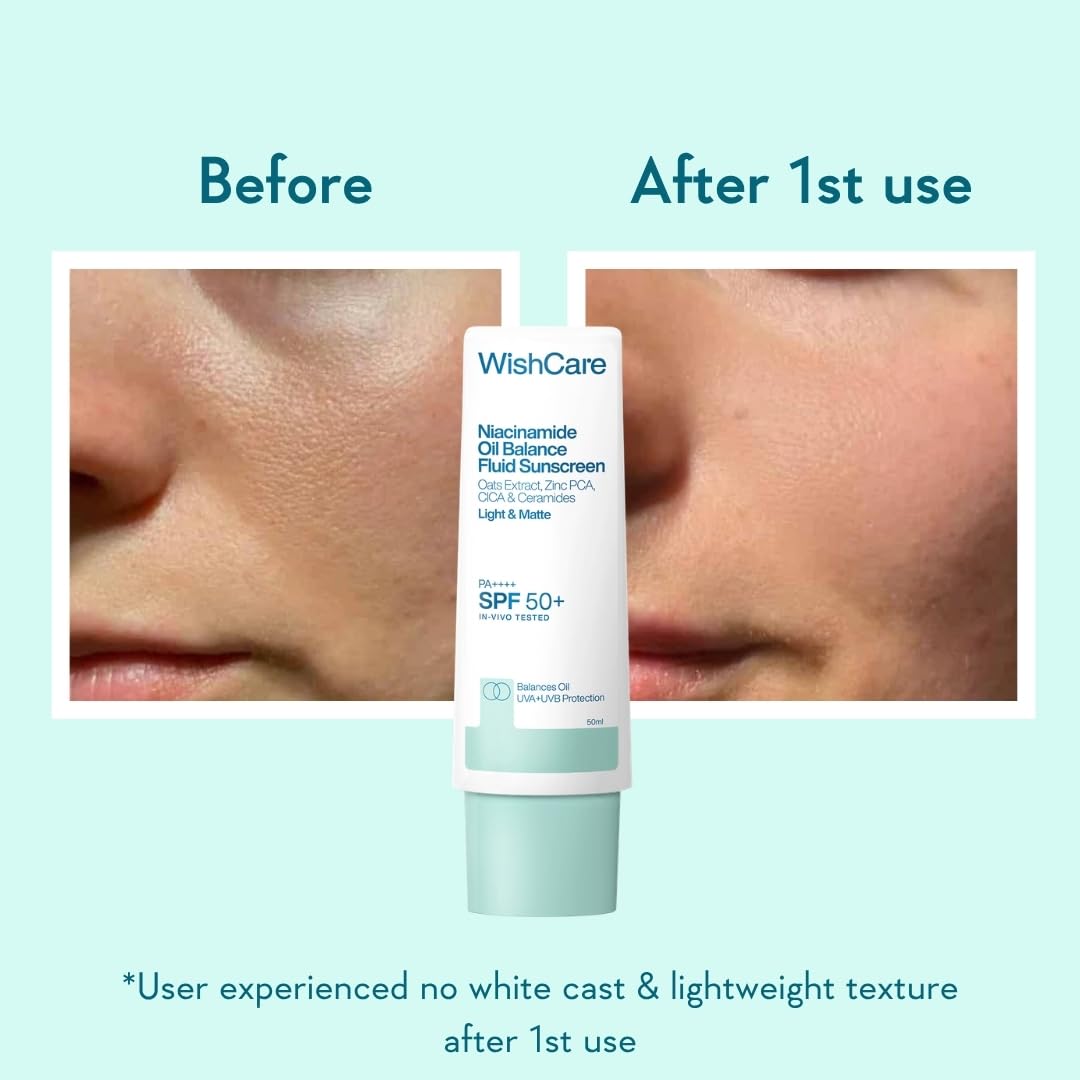 WishCare Niacinamide Oil Balance Fluid Sunscreen SPF 50 PA++++ In-Vivo Tested | 8Hrs+ SPF Protection | Lightweight, Matte & No White Cast | Photostable Sunscreen SPF50 For Oily Skin, Sensitive, Dry & Combination Skin | For Women & Men | 50 ml