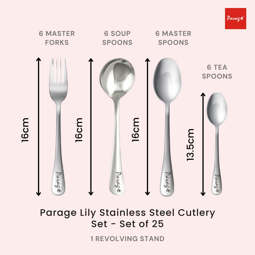 Parage 24 Pieces Lily Cutlery Set Stainless Steel with Stand (Contains 6 Dinner Spoons, 6 Tea Spoon, 6 Dinner Fork, 6 Soup Spoons, 1 Stand) Spoon Set for Dining Table Stylish, Mirror Polished