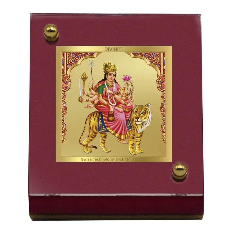 DIVINITI 24K Gold Plated Maa Navdurga Photo Frame for Car Dashboard |Premium Religious Idol for Home Office Pooja Room Decor & Spiritual Gift | Size 6 x 5.5 cm