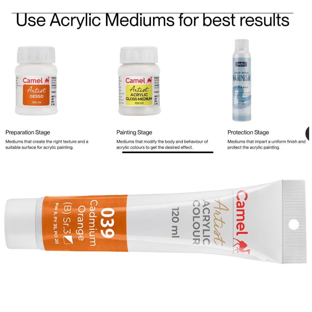 Camel Camlin Kokuyo Artist Acrylic Colour Tubes 120ml Cadmium Orange 039