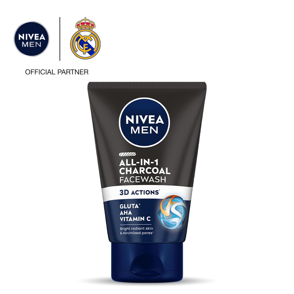 NIVEA MEN All in 1 Charcoal Face Wash | Natural Charcoal, Gluta, AHA & Vitamin C | Helps Reduce the Appearance of Tan | Removes Excess Oil and Minimizes Pores | For Bright Radiant Skin | 100g
