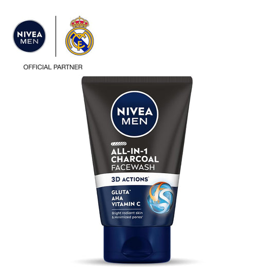 NIVEA MEN All in 1 Charcoal Face Wash | Natural Charcoal, Gluta, AHA & Vitamin C | Helps Reduce the Appearance of Tan | Removes Excess Oil and Minimizes Pores | For Bright Radiant Skin | 100g