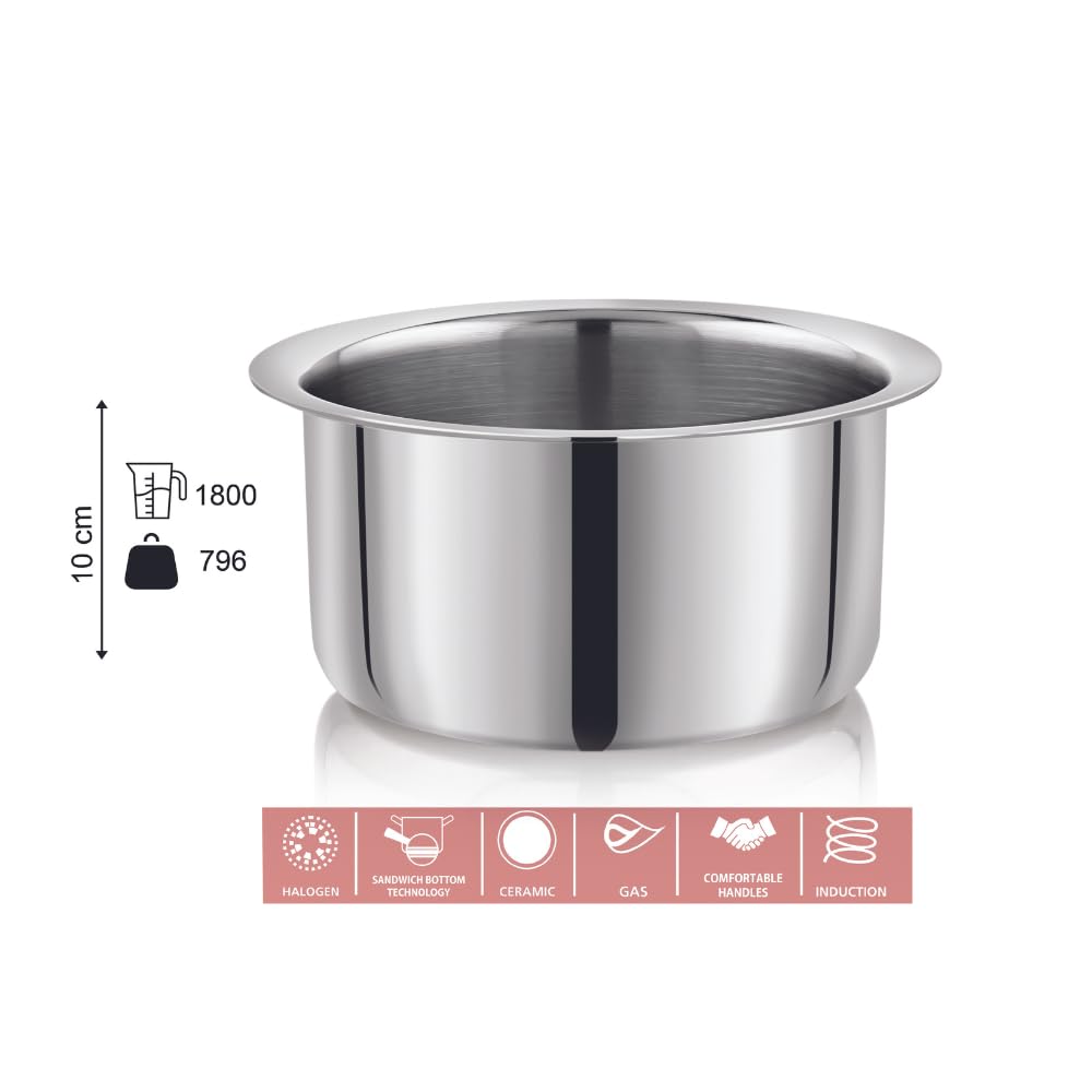 Vinod – Claro Heavy Gauge Stainless Steel Tope (Plain), 1.5 mm – Capacity 1.8 Liter
