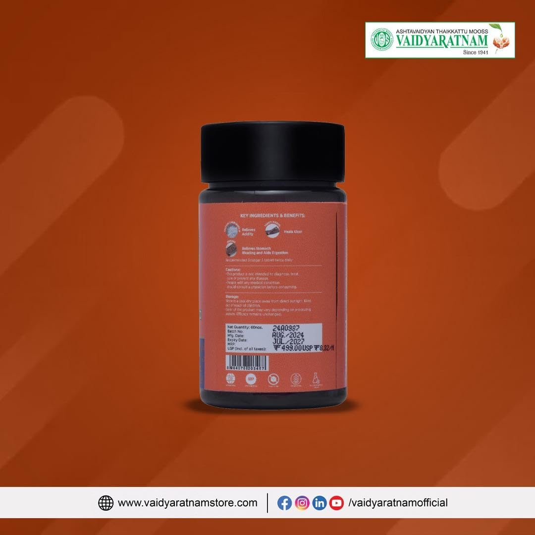 Vaidyaratnam Gasnope Tablet - 60 Nos, Improves Digestion, Relieves from Gas, For Acidity & HeartBurn | Fast & Natural Relief from Acidity | Acidity Relief Tablet | Sugar-Free Chewable Tablets | Supports Acidity and Bloating Relief | Natural Digestive Comfort Tablets