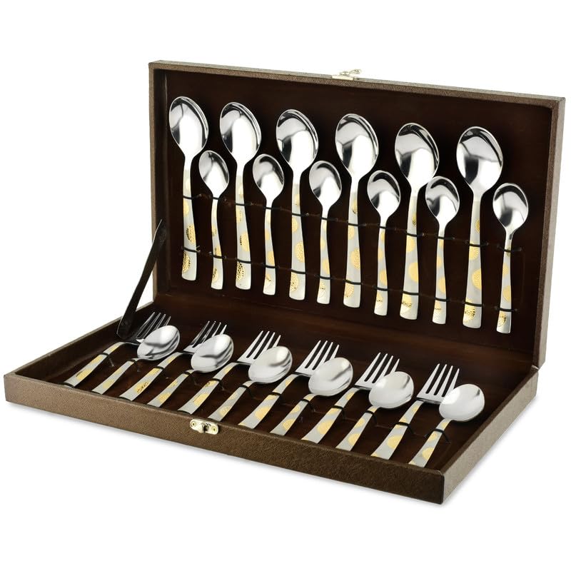 Parage 24 Pieces Premium Stainless Steel Golden Cutlery Set, Home & Kitchen with Gift Box, (6 Pieces Each Table Spoons, Table Forks, Dinner Spoon & Tea Spoons) with Leatherite Box (Moonpress Design)