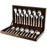 Parage 24 Pieces Premium Stainless Steel Golden Cutlery Set, Home & Kitchen with Gift Box, (6 Pieces Each Table Spoons, Table Forks, Dinner Spoon & Tea Spoons) with Leatherite Box (Moonpress Design)
