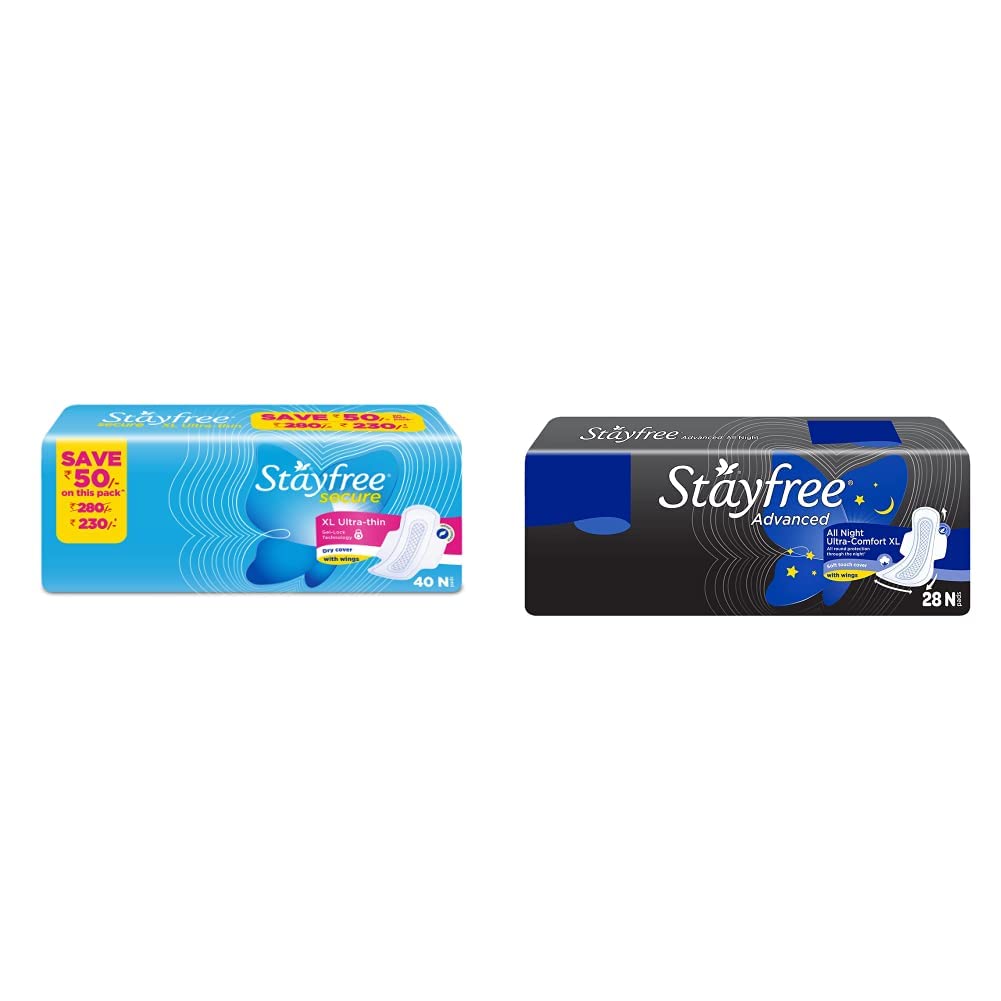 Stayfree Secure XL Ultra Thin Sanitary napkins (40 Count) & Stayfree Advanced XL All Night Sanitary napkins (28 Count)