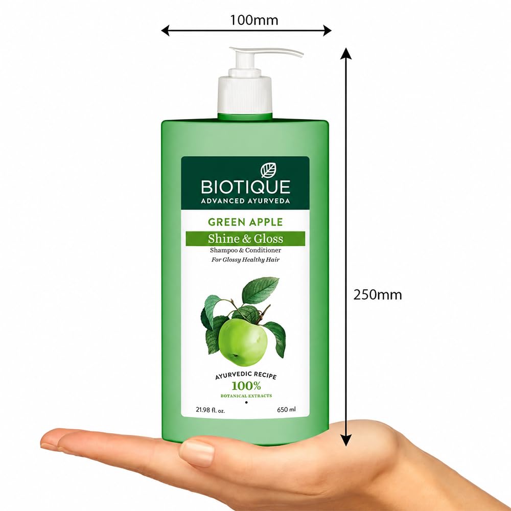 Biotique Green Apple Shine & Gloss Shampoo & Conditioner| Promotes Healthy, Shiny and Glossy Hair | Nourishes Scalp | Makes Hair Soft & Smooth |100% Botanical Extracts| All Skin Types | 650ml