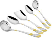 Parage 5 Pieces Stainless Steel Golden Serving Spoon Set for Dining Table/Kitchen, 1.8 mm Heavy Gauge (2 Soup Ladle (Karchi), 2 Solid Spoon (Chamcha), 1 Rice Spoon), 24k Gold (Pack of 5)
