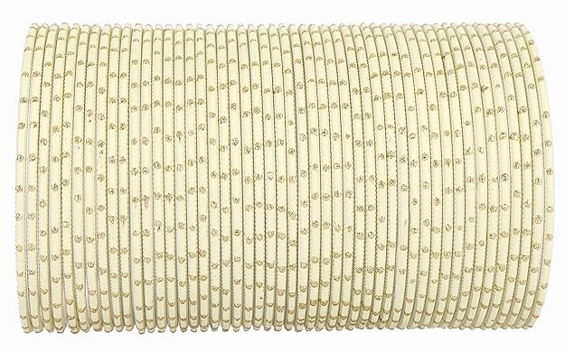 NMII Non-Precious Metal Base Metal with Polka Dots Glossy Finished Bangle Set For Women and Girls, (Cream_2.2 Inches), Pack Of 48 Bangle Set
