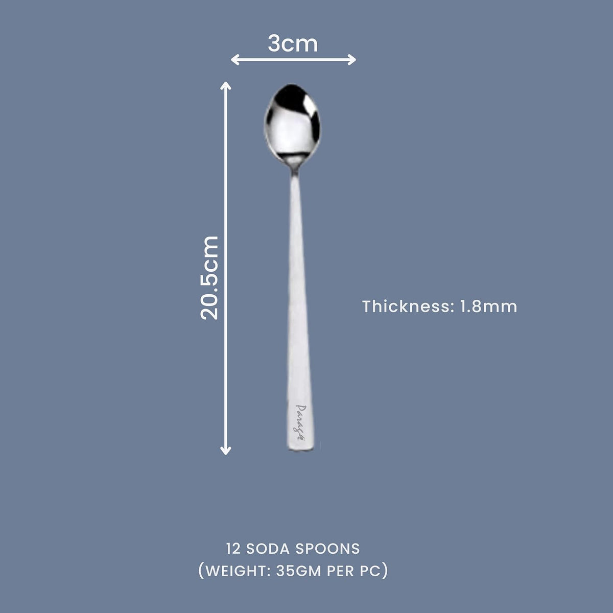 Parage Stainless Steel Soda Spoon 12 PCS, 20.5 cm Length, Ice Cream Spoon for Tall Glasses, Cocktail Bar Long Handle Spoon, Milkshake Spoon, Bournvita Spoon, Bar Set, Set of 12, Silver