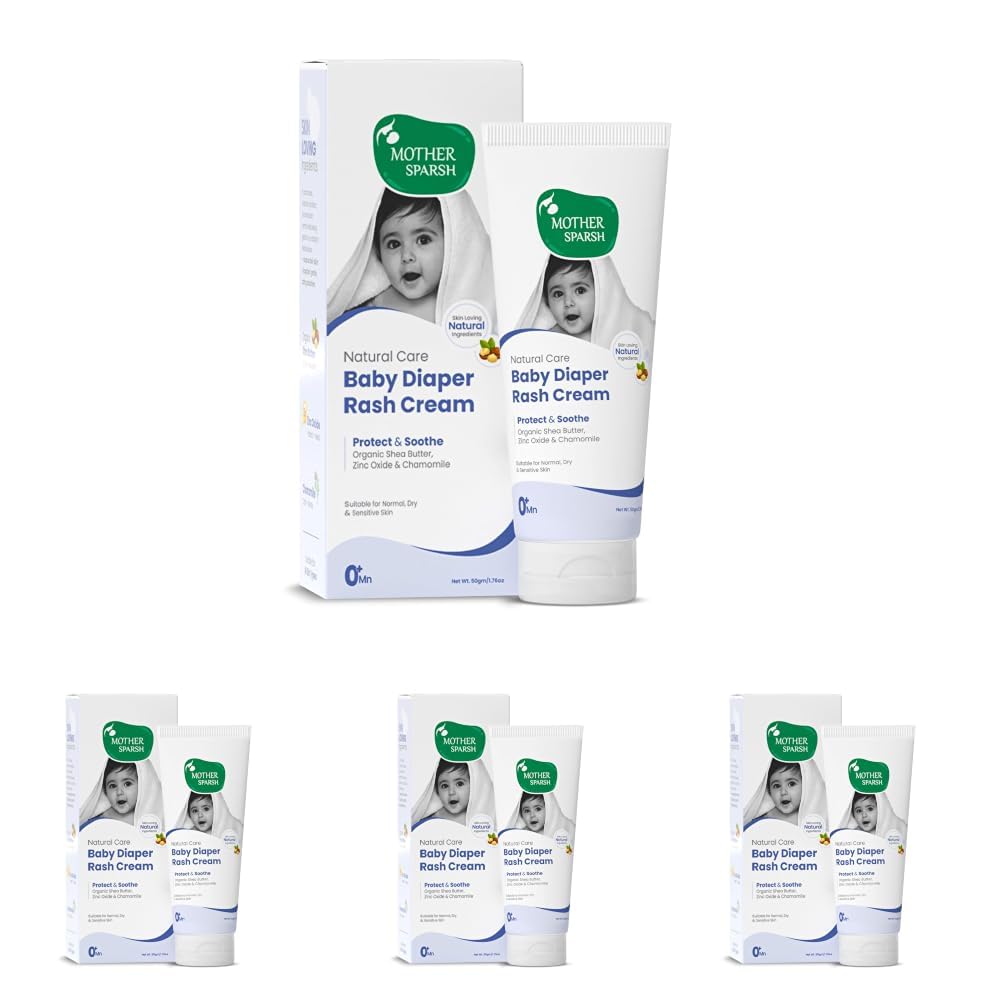 Mother Sparsh Natural Care Baby Diaper Rash Cream-50g | Diaper Rash Cream for Babies with Chamomile, Shea Butter & Zinc Oxide | Protects & Soothes Newborn Sensitive Skin (Pack of 4)