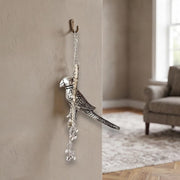 KridayKraft Silver Plated Tikona Parrot Metal Hanging Décor with Chains and Bells | Traditional Indian Wall Hanging Showpiece for Living Room, Home Entrance & Vastu (22 cm x 12 cm)