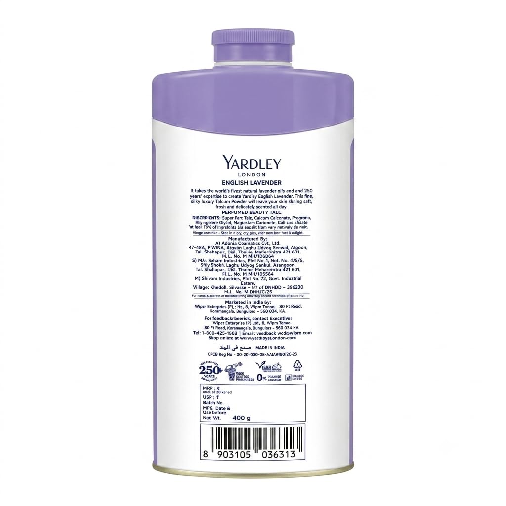 Yardley London English Lavender Perfumed Beauty Talc 400g | Long Lasting Floral Fragrance | Smooth & Silky Talcum Powder | Keeps Skin Fresh, Dry & Comfortable | Daily Body Powder for Men & Women