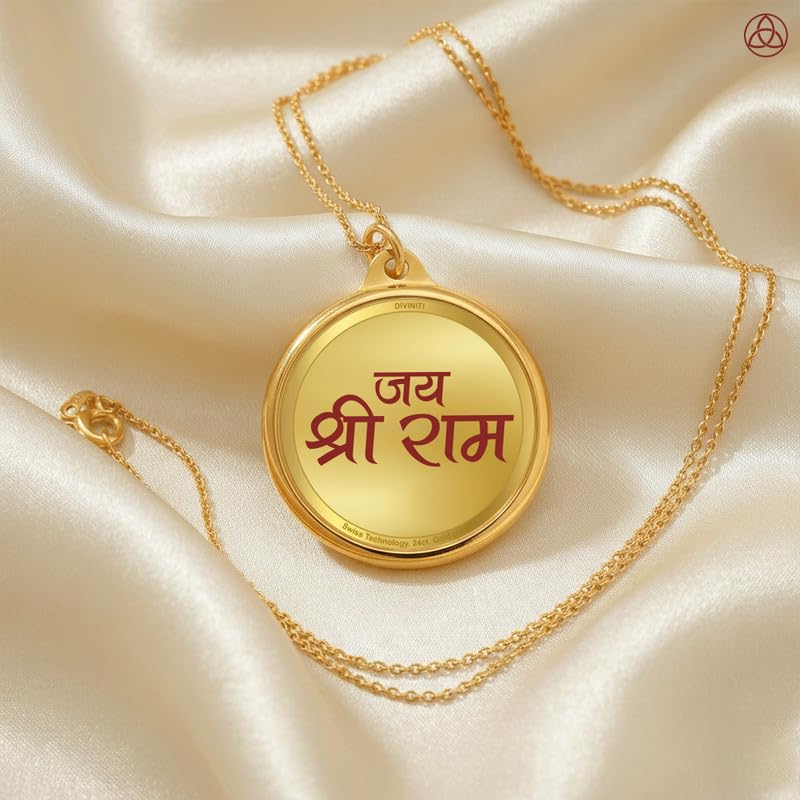 Diviniti 24K Gold Plated Ram Ji & Jai Shri Ram Pendant For Men, Women & Kids 18 MM Double Sided Stylish Pendant Necklace For Girls Divine God Pendant For Birthday Gift, Anniversary Gift