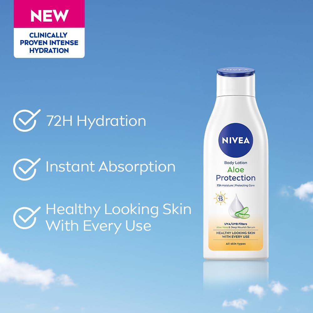 NIVEA Aloe Protection Body Lotion 200 ml | With Hyaluronic Acid & 72Hr Hydration | SPF 15 | Aloe Vera Extracts | Deep Moisture Serum | For Men & Women | All Skin Types